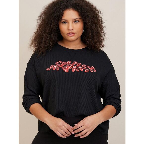 NWT The Rolling Stones Black Waffle Knit Cropped Long Sleeve Tee Torrid Size 3X - Picture 2 of 9